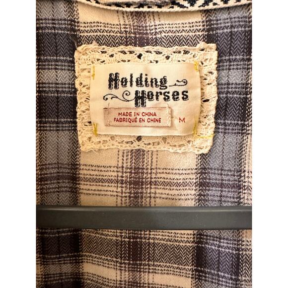 Anthro Holding Horses Willow Ridge Lace and Plaid Button Down Flannel Shirt, M - Picture 2 of 6